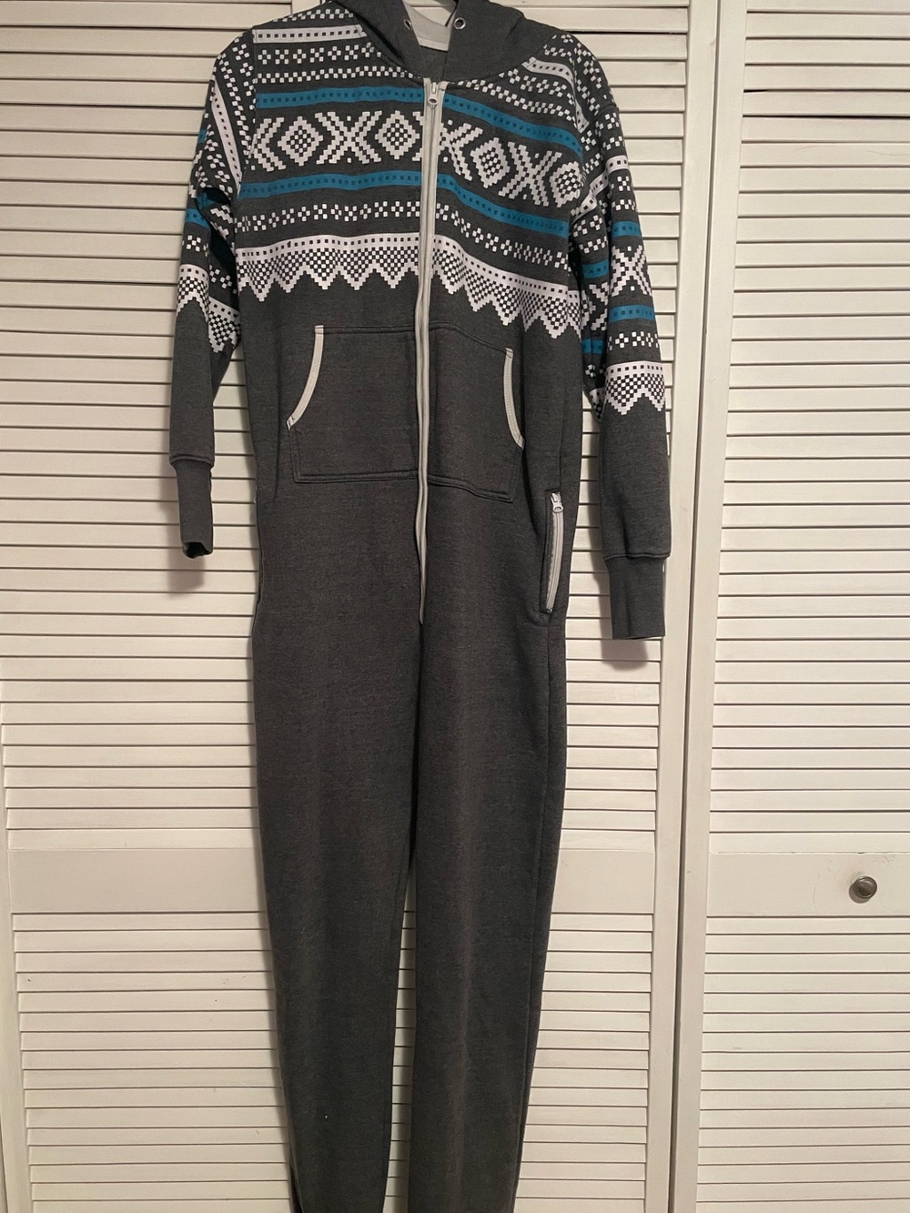 Women's Gray Hooded One-Piece Pajama Jumpsuit with Patterned Yoke